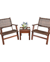 3 Pieces Outdoor Wooden Patio Rattan Furniture Set