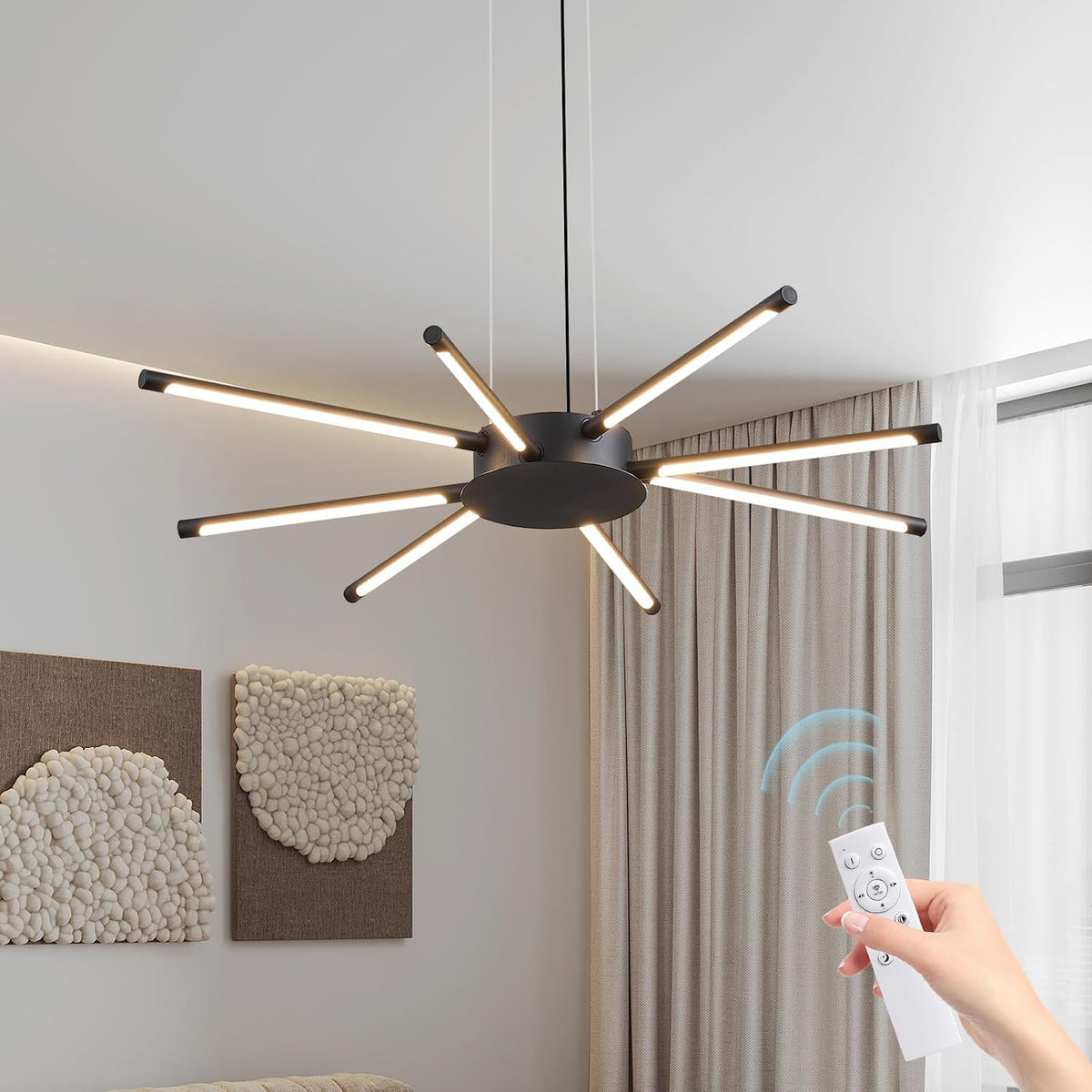 35.43 Inches Modern Sputnik Chandelier 8 Light Dining Room Light Fixture LED Dimmable Pendant Light with Remote Control Black Chandeliers for Living Room Kitchen Bedroom