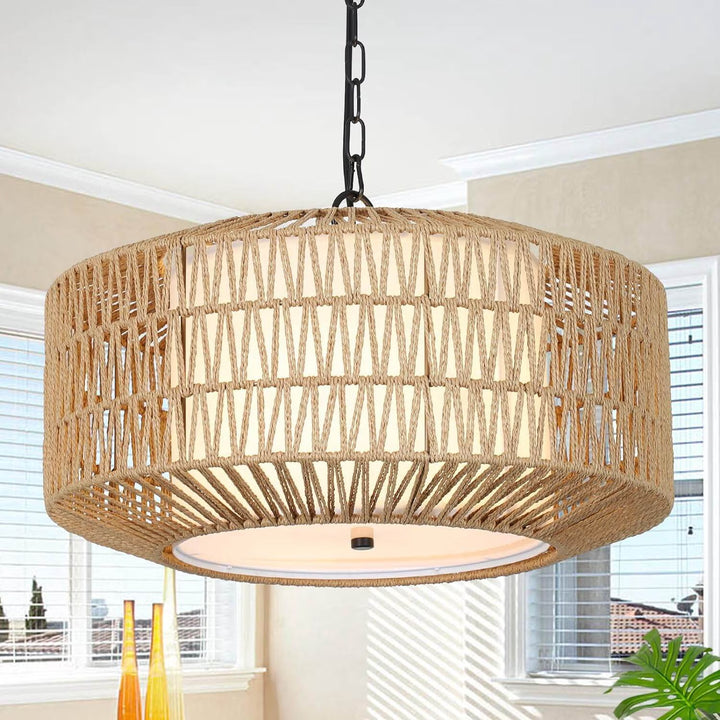 Table Lamp Farmhouse Chandelier Light Fixture,4-Light Rattan Boho Chandeliers for Dining Room with Fabric Shade,Hand Woven Large Rattan Dining Room Light Fixture for Kitchen Bedroom Island Hallway,Be