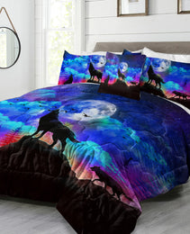 Galaxy Comforter Set Men 3D Wolf Bed Comforter Set 4 Piece Wolves Howling Bedding For Boys Retro Oil Painting Design Purple Blue And Black Bedding Set Queen King Size