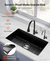 30 Inch Granite Kitchen Sink Undermount Single Bowl Drop-In Basin For RV Bar