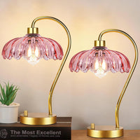 Pink Table Lamp Set of 2,Small Gold Bedside Lamps Dimmable Boho Bedroom Lamp with Tulip Flower Glass Lamp Shade,Vintage Mid Century Modern Mini Nightstand Lamp for Bedroom Living Room