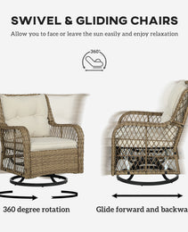 3 Piece Outdoor Bistro Set, Wicker Small Patio Furniture Set With Swivel Glider Chairs For Balcony, Porch, Beige