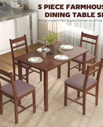 5-Piece Solid Wood Dining Table Set for 4, Farmhouse Kitchen Table with Upholstered Chairs for Dining Room, Light Brown