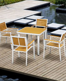 5pc Patio Table and Chairs Set, Aluminum Patio Dining Set w/ HDPE Materials, Umbrella Hole, Yellow