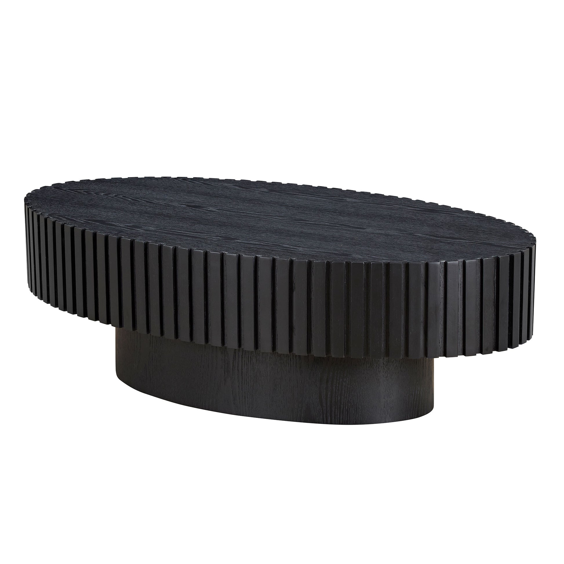 Modern Handcraft Drum Coffee Table Length 43.7 Inch Ellipse Coffee Table For Living Room,Oval Small Coffee Table With Sturdy Pedestal,Black MDF