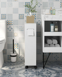 Toilet Paper Cabinet, Slim Bathroom Cabinet with 4 Rolling Wheels, Small Bathroom Storage Cabinet with Paper Holes, Sliding Doors and Adjustable Shelf for Small Space, White