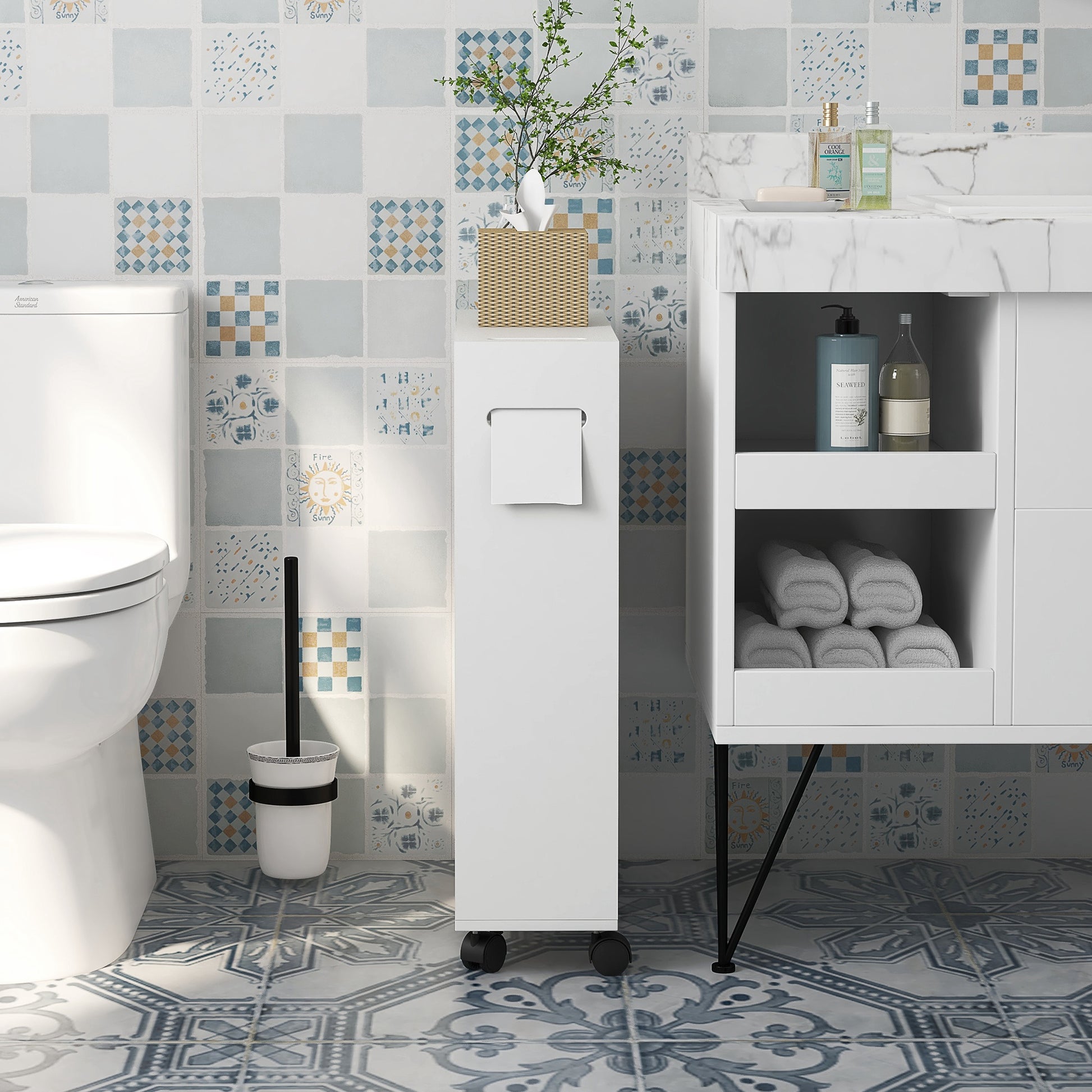 Toilet Paper Cabinet, Slim Bathroom Cabinet with 4 Rolling Wheels, Small Bathroom Storage Cabinet with Paper Holes, Sliding Doors and Adjustable Shelf for Small Space, White
