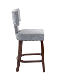 Mid Century Modern Counter Height Bar Stools Set Of 2, Farmhouse Linen Fabric Upholstered Accent Chair Curved Backrest With Copper Nails Around,Kitchen Chairs With Hardwood Frame, Gray