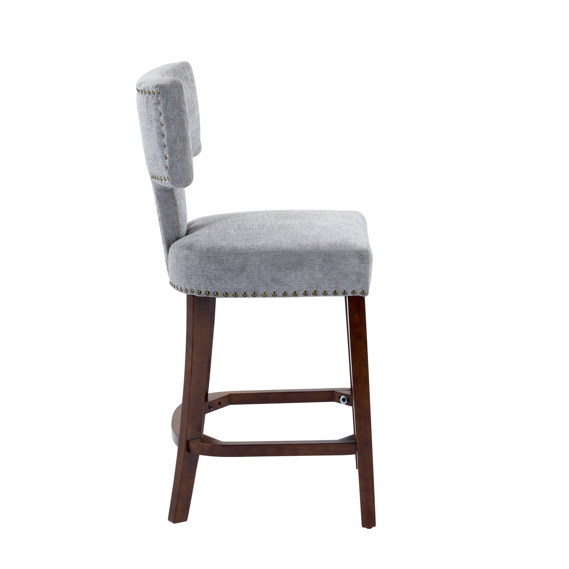 Mid Century Modern Counter Height Bar Stools Set Of 2, Farmhouse Linen Fabric Upholstered Accent Chair Curved Backrest With Copper Nails Around,Kitchen Chairs With Hardwood Frame, Gray