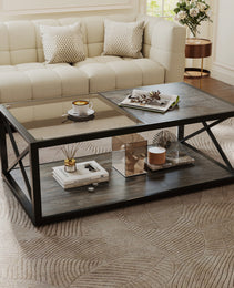 Modern Coffee Table For Bedroom & Living Room, Tempered Glass&Rustic Wood Grain MDF, Industrial Style Coffee Table