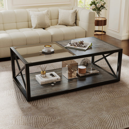 Modern Coffee Table For Bedroom & Living Room, Tempered Glass&Rustic Wood Grain MDF, Industrial Style Coffee Table