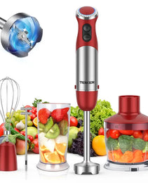 TENKER 5-in-1 Hand Immersion Blender, 1000W 12 Speed Handheld Blender, Copper Motor Stainless Steel Blade Stick Blender,600ml Mixing Beaker,500ml Food Processor, Whisk, Milk Frother, BPA-Free, Red