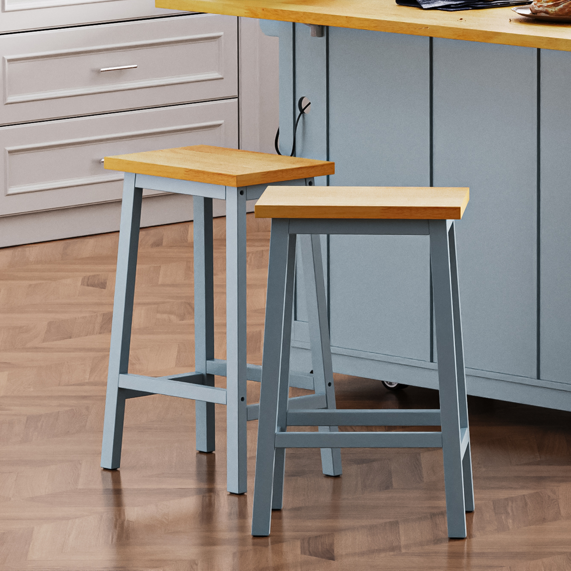 K&K Solid Wood Bar Stools  Not Cheap Iron , 25.6  Tall Set Of 2 Bar Chairs, Kitchen Counter Stools With Footrests, Farmhouse Stools For Dining Room, Kitchen, Counter, Grey Blue