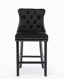 Contemporary Velvet Upholstered Barstools With Button Tufted Decoration And Wooden Legs, And Chrome Nailhead Trim, Leisure Style Bar Chairs,Bar Stools, Set Of 2 Black,SW2002BK