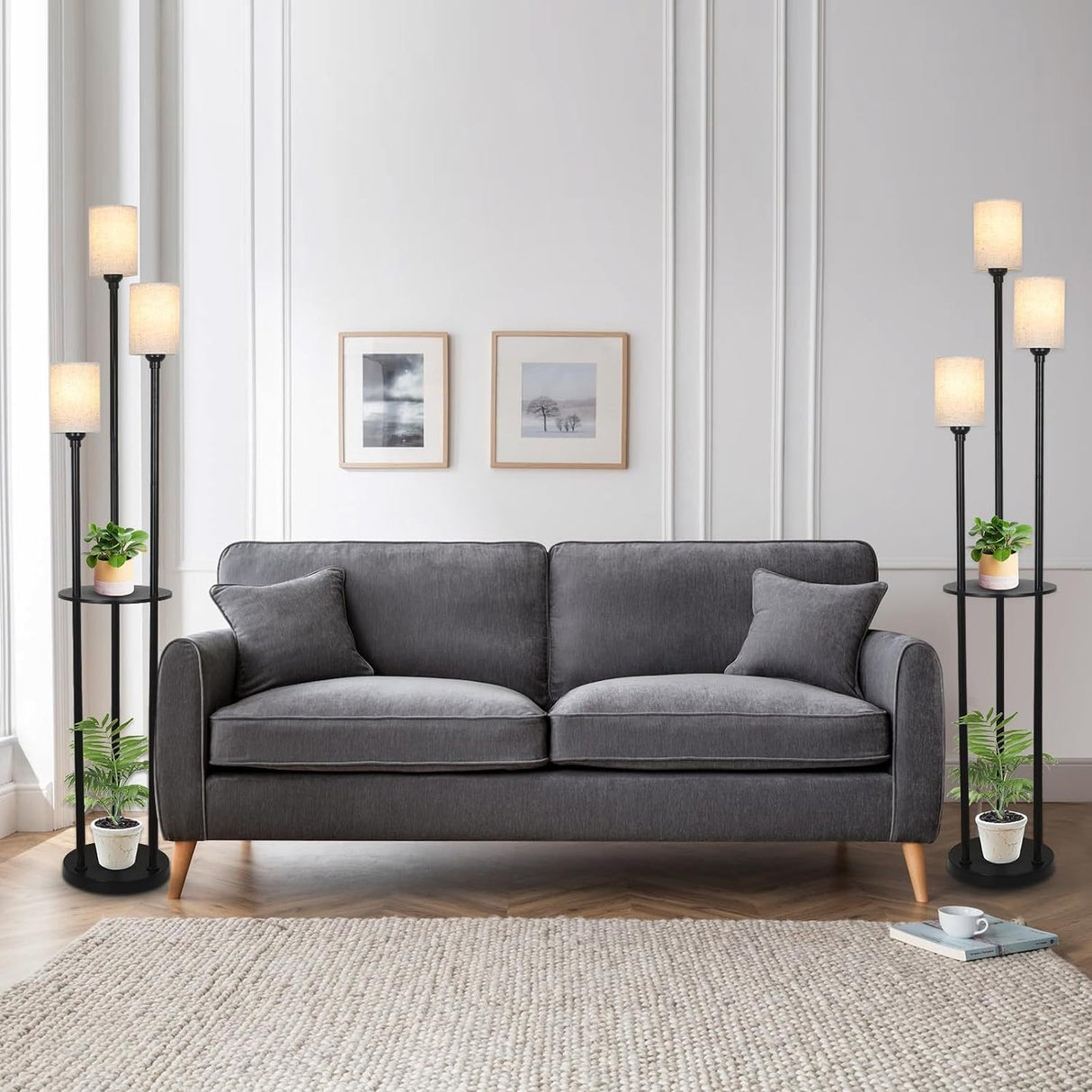 Floor Lamp With Shelf, Floor Lamp For Modern Living Room, 3 Light Standing Lamp With Linen Shade And Foot Switch Unavailable Platforms- CJDS