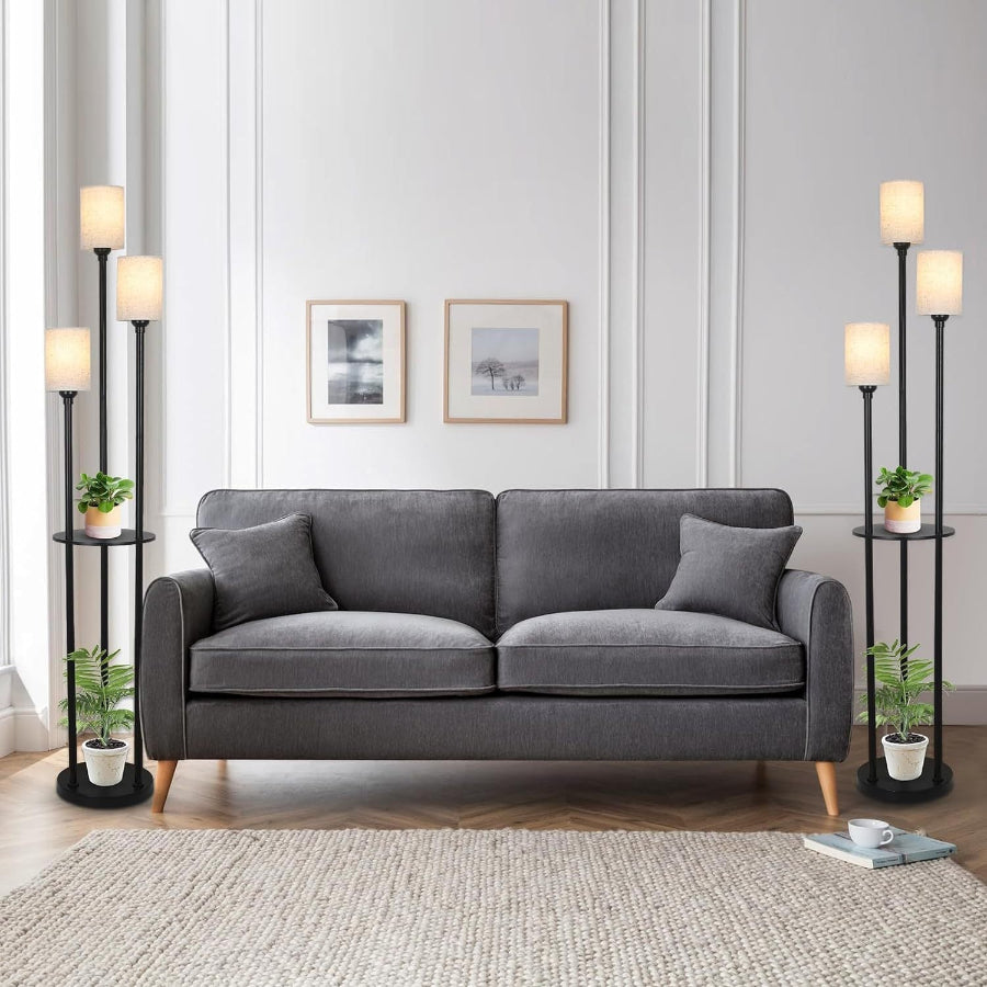 Floor Lamp With Shelf, Floor Lamp For Modern Living Room, 3 Light Standing Lamp With Linen Shade And Foot Switch Unavailable Platforms- CJDS