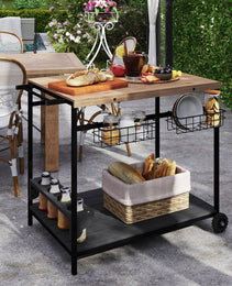 Outdoor Bar Cart Patio Serving Cart with Wine Holders Natural