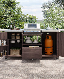 K&K 66.5 Outdoor Kitchen Island, Solid Wood Outdoor Grill Cart, Equipped With Stainless Steel Countertop And Drawers, Compatible With Large Green Egg Grill, Carducci Dark Brown.