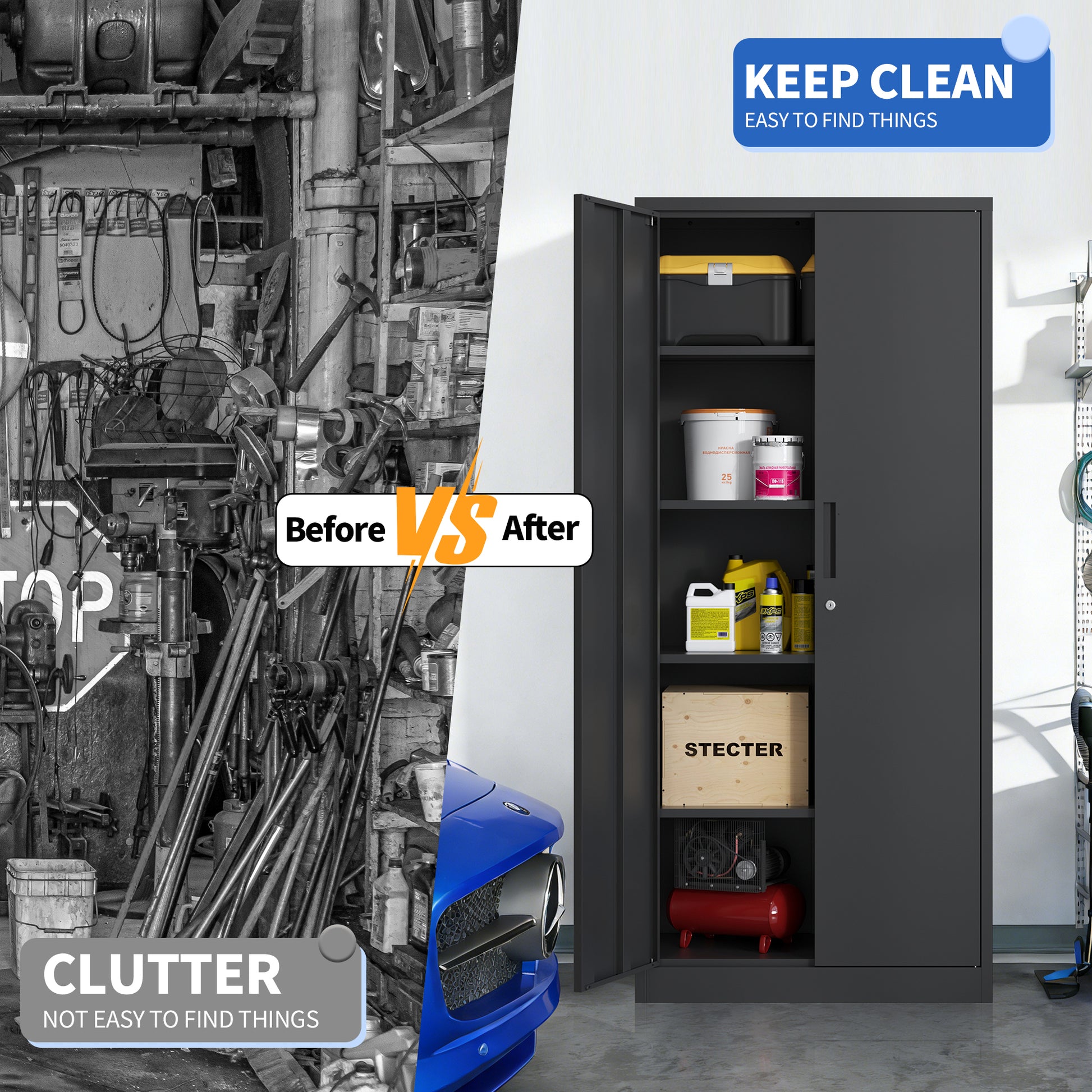 72H Metal Garage Storage Cabinet, Black Tool Steel Locking Cabinet With Doors And 4 Shelves, Tall Cabinets For Garage Storage Systems Lockable File Cabinet For Home Office, Classroom Pantry