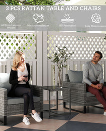 3PCS Patio Set, Wicker Bistro Set With Cushions, Rattan Chairs, Glass Coffee Table For Backyard, Porch, Balcony, Gray