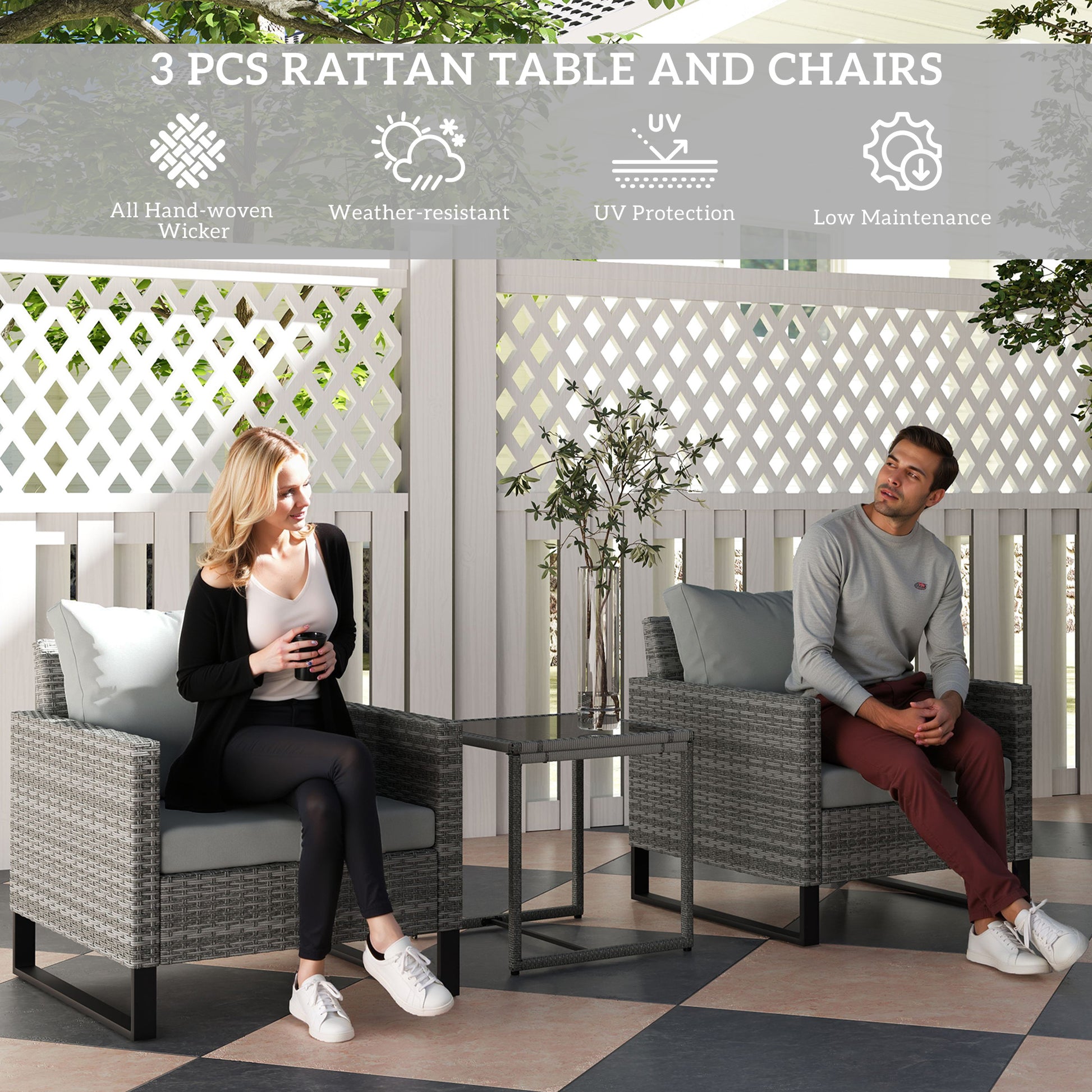 3PCS Patio Set, Wicker Bistro Set With Cushions, Rattan Chairs, Glass Coffee Table For Backyard, Porch, Balcony, Gray