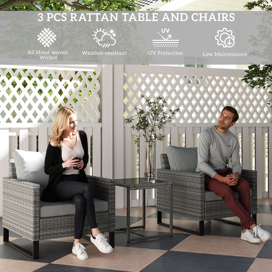 3PCS Patio Set, Wicker Bistro Set With Cushions, Rattan Chairs, Glass Coffee Table For Backyard, Porch, Balcony, Gray