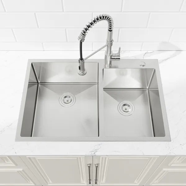 33" x 19" Double Bowl Stainless Steel Kitchen Sink – Handmade Dark Gray Overmount Workstation (10" Deep)