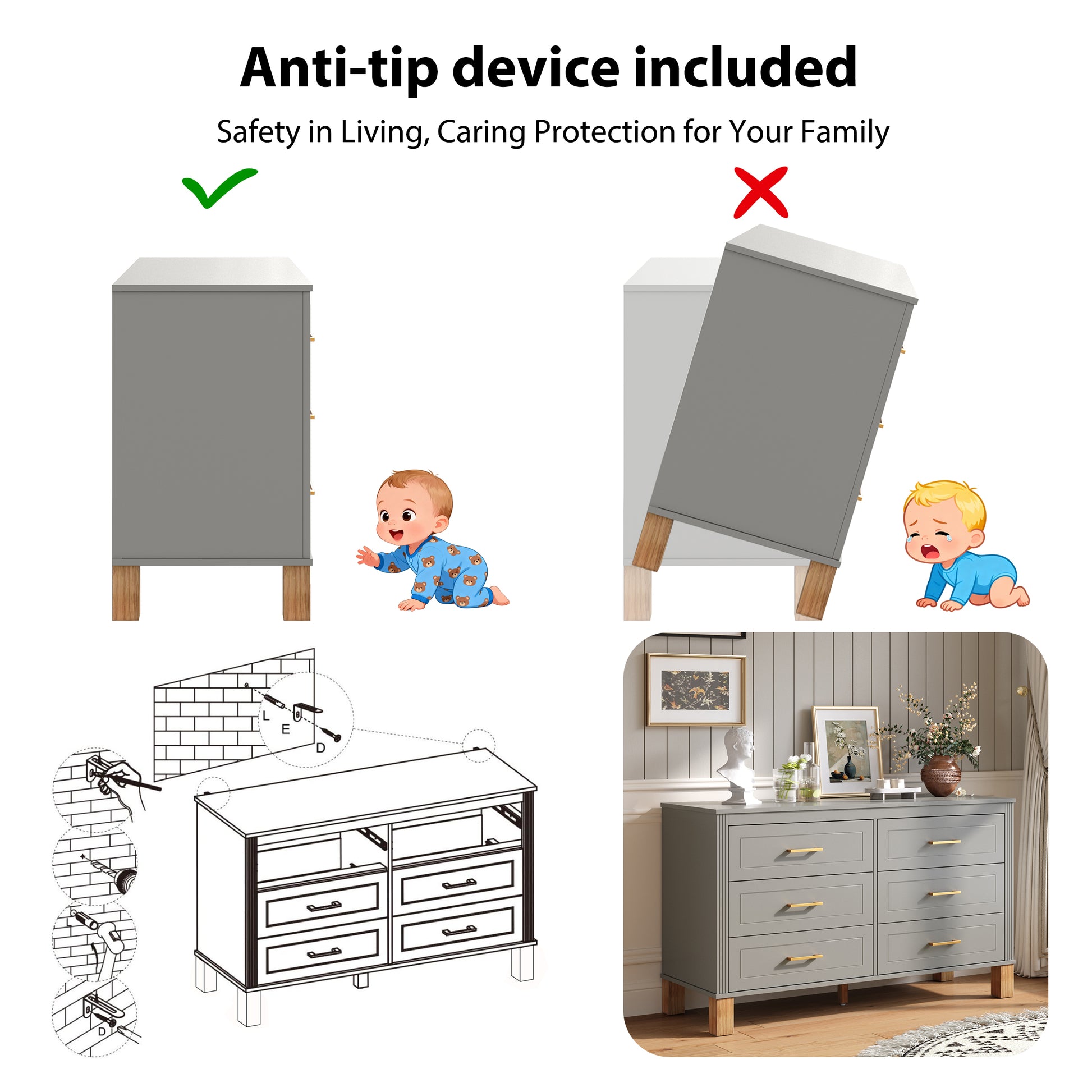 6-Drawer Double Dresser In Gray, Modern Storage Cabinet With Metal Handles & Solid Wood Legs, Dresser Drawer Organizer For Kids Bedroom, Heavy-Duty Wooden Dresser With Pre-Installed