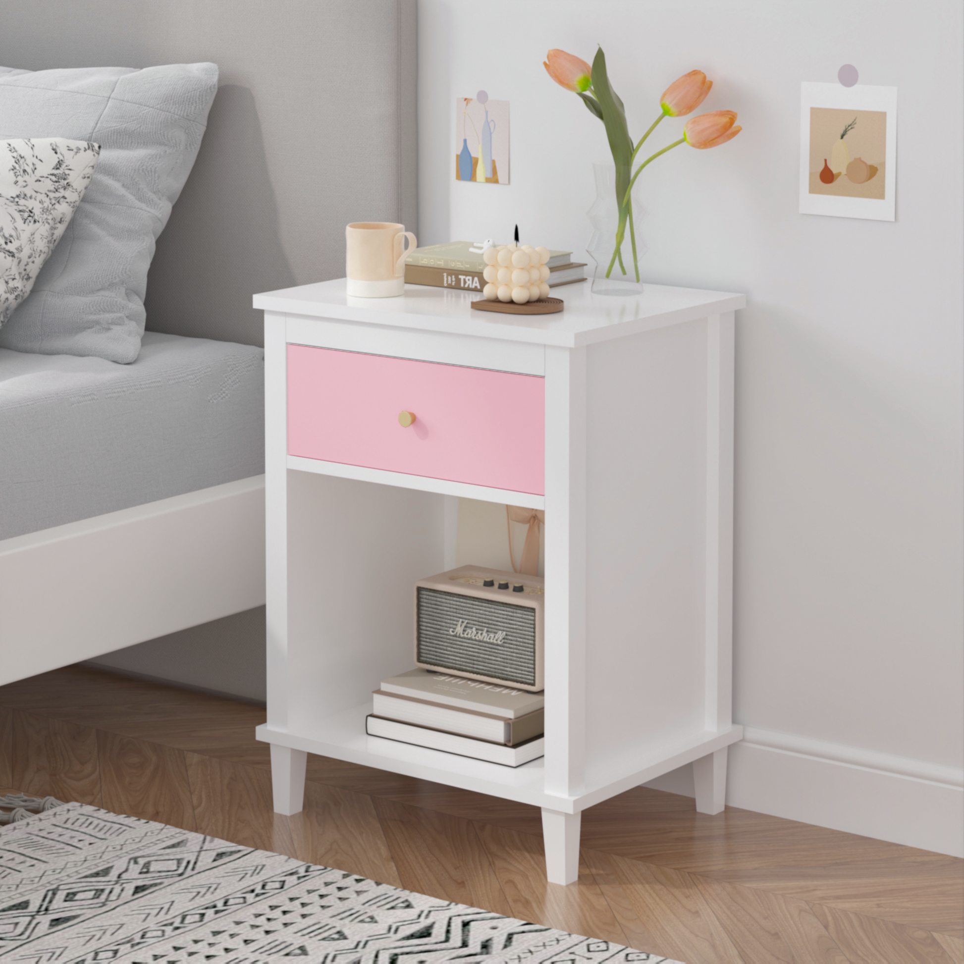 26.77''H Wooden Nightstand With One Drawer One Shelf For Kids, Adults, Pink Golden Handle