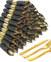 50 Pack Pre Rolled Rose Gold Plastic Silverware Set,Wrapped Plastic Cutlery Set With Napkin Include 50 Forks,50 Spoons,50 Knives And 50 Black Napkins For Party, Wedding