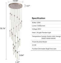 24-Light LED Modern Crystal Chandeliers, Large Long Foyer Chandeliers for High Ceilings, 78" Extra Long 3 Color Dimmable Staircase Chandelier Crystal Drop Light for Foyer Double Height Ceiling