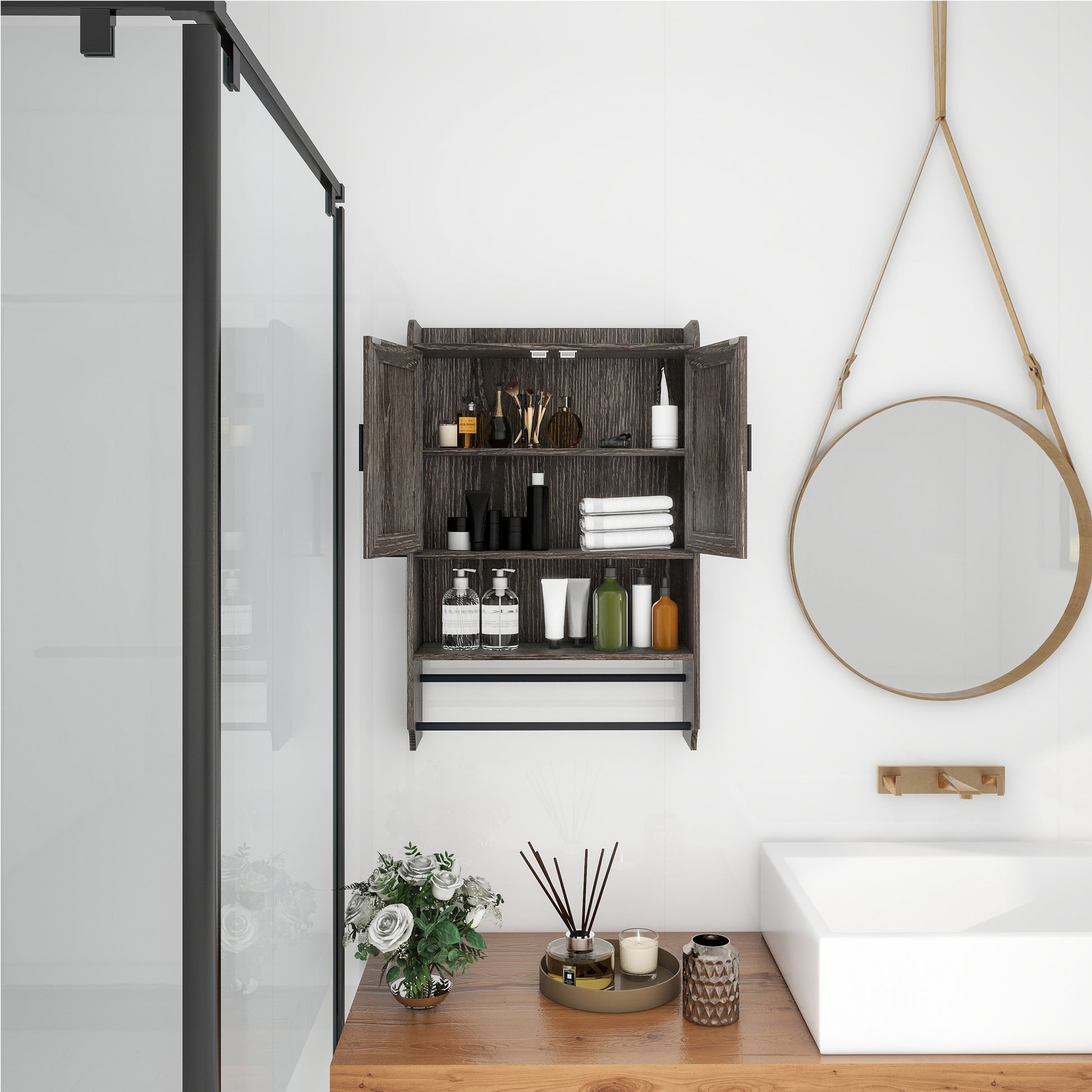 Bathroom Wall Cabinet With Doors,Adjustable Shelf,Towel Bar And Paper Holder, Over The Toilet Storage Cabinet, Medicine Cabinet For Bathroom-Grey