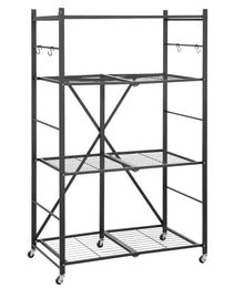 4-Tier Foldable Storage Shelf, 36W X 21D X 60H Inch Folding Metal Rack Shelving Unit, No Assembly Organizer Shelf With 5 Wheels & 4 Hooks For Pantry, Kitchen, Garage, Basement, Black
