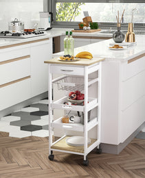 Mobile Kitchen Cart, Rolling Kitchen Island with Storage, Solid Wood Frame Utility Cart with Wire Fruit Baskets, Trays and Drawer, White