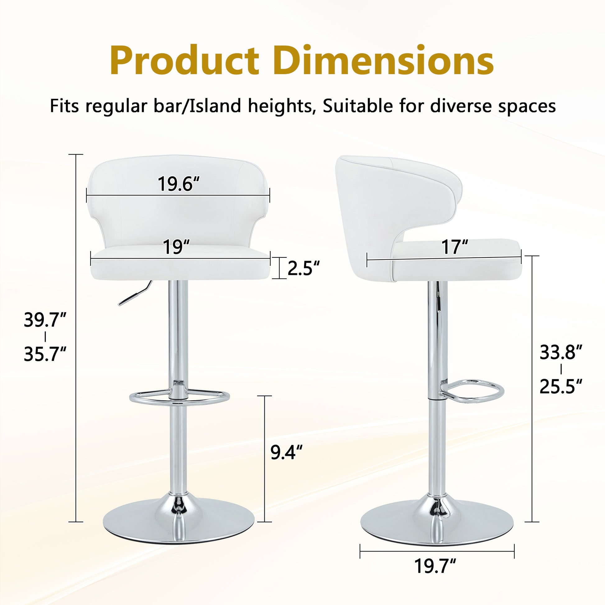 Modern Rotating Adjustable Bar Chair, PU Leather Belt Backrest Swivel Chair, Suitable For Kitchen Bar Counter And Dining Room, Adjustable Height, Capable Of Bearing 300 Pounds  White -2 Pieces