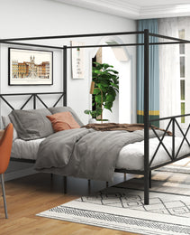 Metal Canopy Bed Frame, Platform Bed Frame Queen With X Shaped Frame Queen Black
