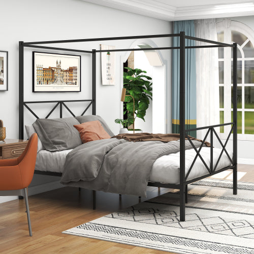 Metal Canopy Bed Frame, Platform Bed Frame Queen With X Shaped Frame Queen Black