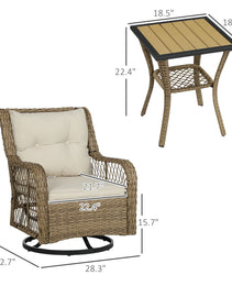 3 Piece Outdoor Bistro Set, Wicker Small Patio Furniture Set With Swivel Glider Chairs For Balcony, Porch, Beige