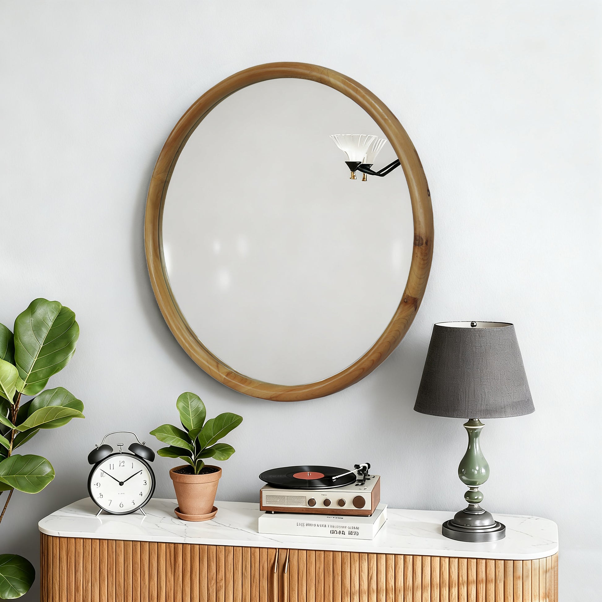 Round Wood Framed Wall Mirror, 27.56  Natural Wooden Circle Mirror For Bathroom, Bedroom, Entryway, Mid-Century Modern Decorative Mirror