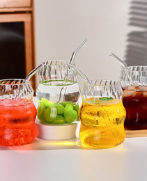 6 Pcs 19 Ounce Glass Straw Cup, Coffee Cup, Milk Cup, Juice Cup, Cold Drink Cup, Tea Cup, Water Cup, Office Cup, Striped Cloud Cup