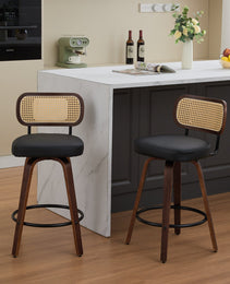 Set Of 2 Counter Height Bar Stools - 26 Inch Rattan Counter Height Stools With Cane Back, Upholstered Seat, Walnut Craftsmanship, Swivel Counter Stools For Island Kitchen Counter Bar Walnut Black