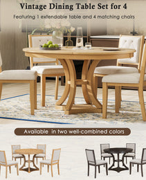 TREXM 5-Piece Retro Functional Dining Table Set Extendable Round Table And 4 Upholstered Chairs For Dining Room And Living Room  Natural