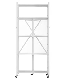 5-Tier Foldable Storage Shelf, 28 W X 15D X 64H Inch Folding Metal Rack Shelving Unit, No Assembly Organizer Shelf With 5 Wheels & 4 Hooks For Pantry, Kitchen, Garage, Basement, White