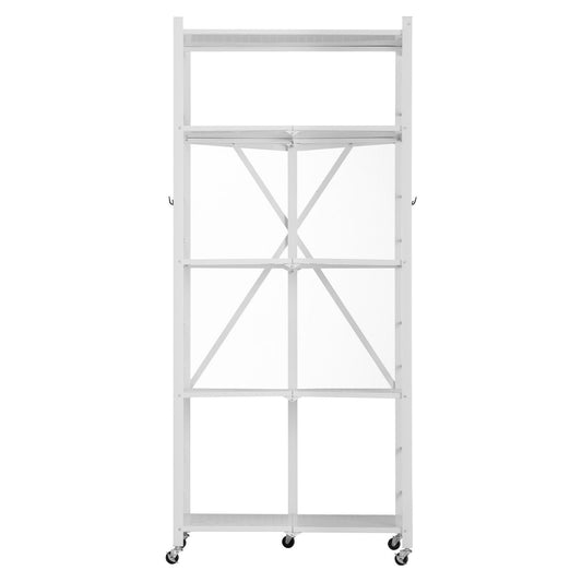5-Tier Foldable Storage Shelf, 28 W X 15D X 64H Inch Folding Metal Rack Shelving Unit, No Assembly Organizer Shelf With 5 Wheels & 4 Hooks For Pantry, Kitchen, Garage, Basement, White