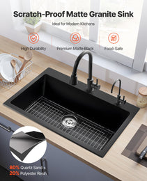 Granite Composite Single Bowl Kitchen Sink – Matte Black Quartz Workstation with Protective Grid & Drain Kit