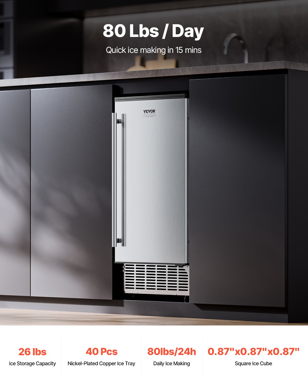 Undercounter Ice Maker 80 Lbs/Day Built-in Ice Maker Machine W/ Reversible Door