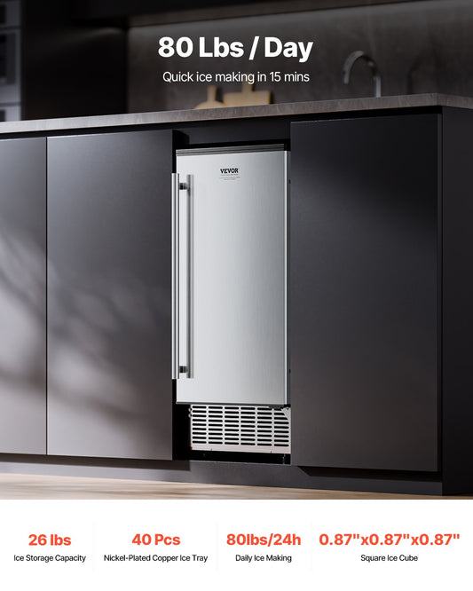 Undercounter Ice Maker 80 Lbs/Day Built-in Ice Maker Machine W/ Reversible Door