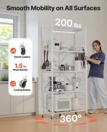 5-Tier Foldable Storage Shelf, 32W X 14D X 72H Inch Folding Metal Rack Shelving Unit, No Assembly Organizer Shelf With 5 Wheels & 4 Hooks For Pantry, Kitchen, Garage, Basement, White
