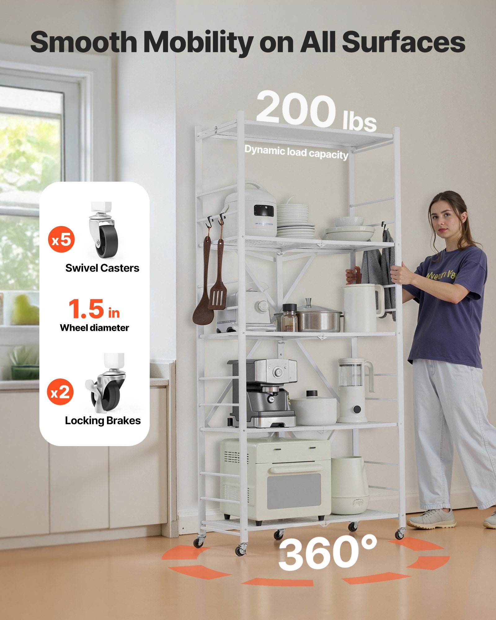 5-Tier Foldable Storage Shelf, 32W X 14D X 72H Inch Folding Metal Rack Shelving Unit, No Assembly Organizer Shelf With 5 Wheels & 4 Hooks For Pantry, Kitchen, Garage, Basement, White